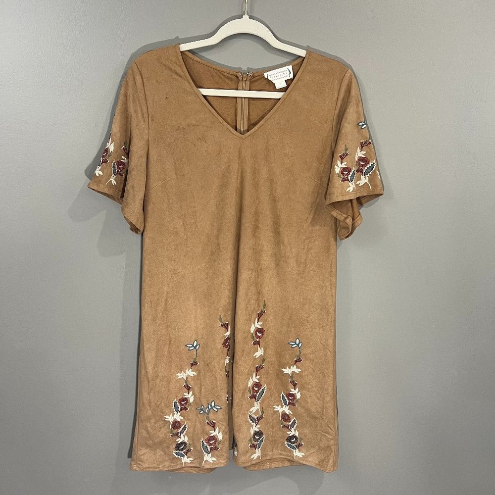 Love Riche Tan Suede Feel Embroidered Boho Dress Size Large